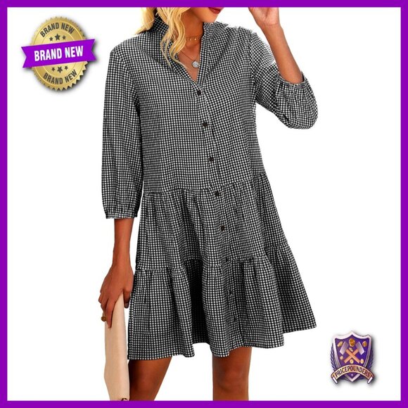 Dresses & Skirts - Floral Print V-Neck Button Down Shirt Dress 3/4 Sleeve Loose Fit